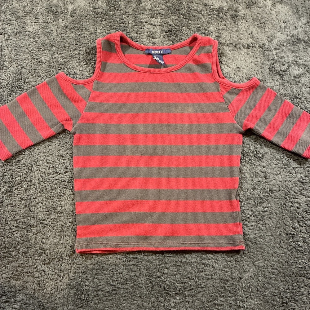 Forever 21 Cold Shoulder Top Girls S Red Brown Striped Ribbed Knit Y2K Grunge